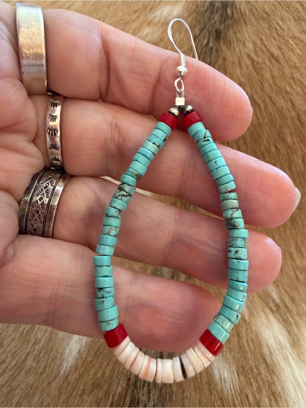 ❤️ Native American “S Duncan” Heishi Turquoise Coral Luhuanus Shell 925 Earrings - Picture 4 of 10